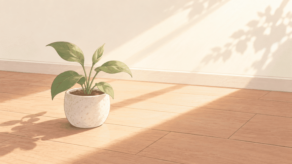 窓からの日差しが斜めに差す床に小さな鉢植えが置かれ、新しい葉が開きかけているイラスト