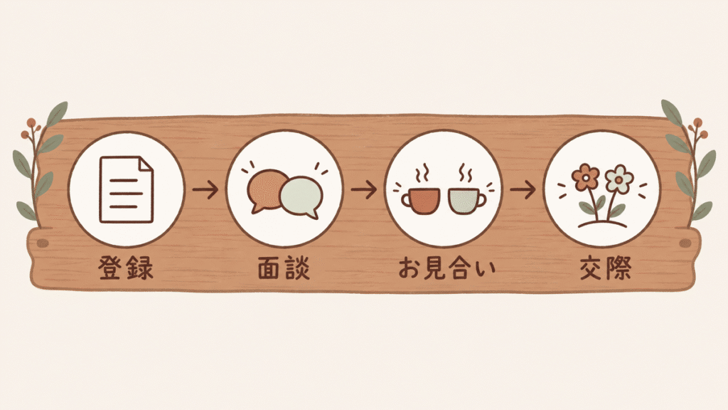 木の板に四つの丸が矢印でつながって並び、左から「登録」「面談」「お見合い」「交際」と書かれた流れ図のイラスト