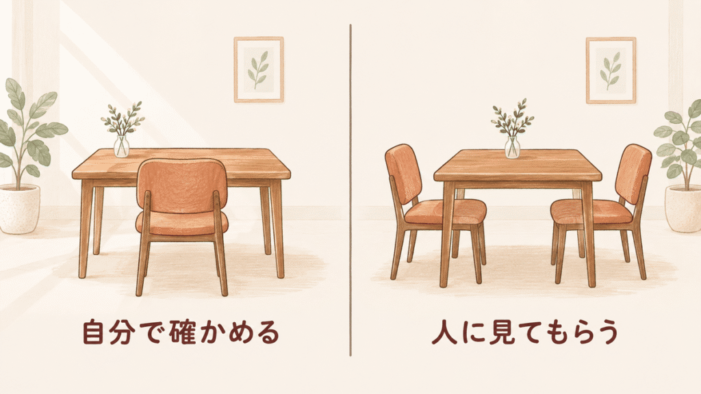 左は椅子が一脚だけの机で「自分で確かめる」、右は机をはさんで椅子が二脚向かい合う「人に見てもらう」と書かれた対比のイラスト