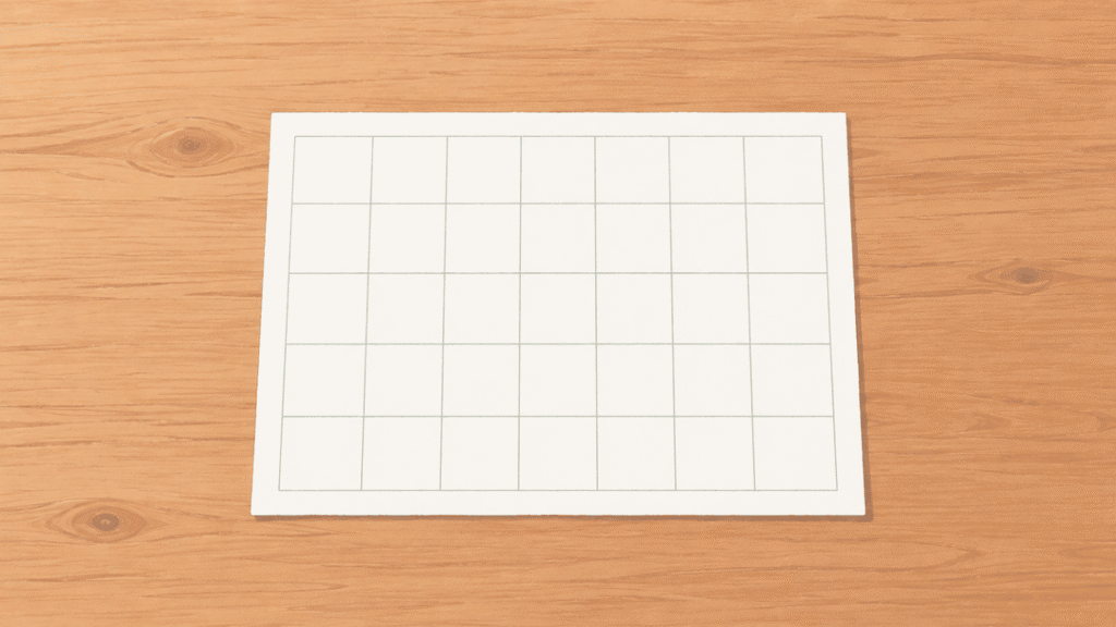 机の上に、枠線だけが引かれて数字の入っていない白いカレンダーのような紙が置かれているイラスト