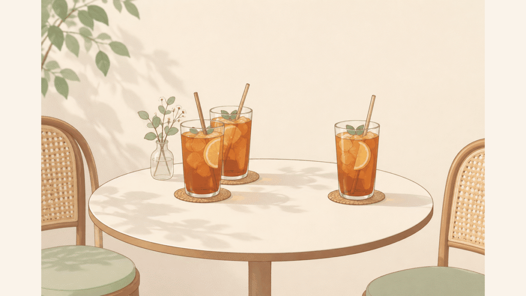 カフェの丸いテーブルにアイスティーのグラスが3つあり、そのうち1つだけが少し離れて置かれているイラスト