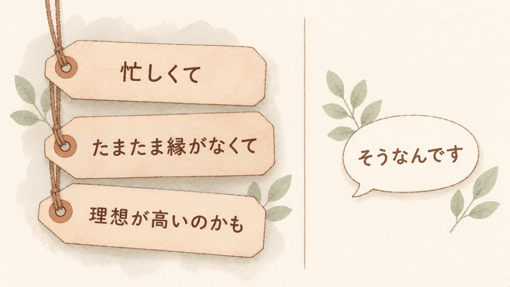 左に「忙しくて」「たまたま縁がなくて」「理想が高いのかも」と書かれた3つの荷札、右に「そうなんです」と書かれた吹き出しを並べた対比の図