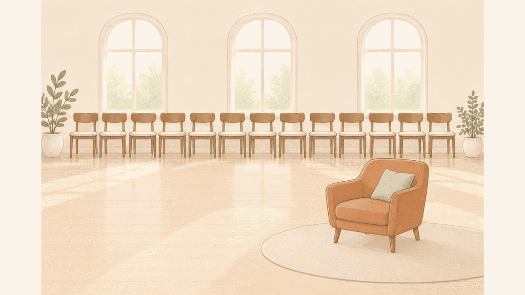 明るい部屋に同じ椅子がずらりと並び、手前に一人がけのソファが1脚だけ離れて置かれているイラスト