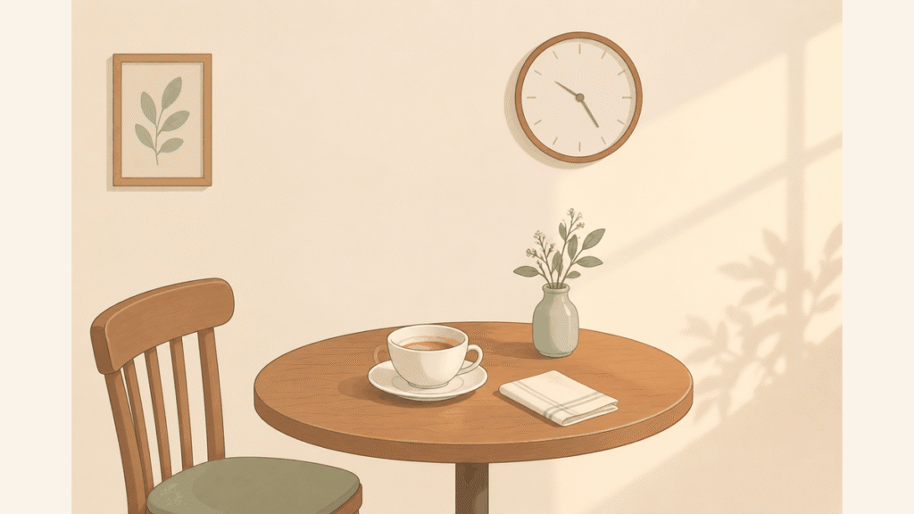 カフェのテーブルに飲みかけのコーヒーがあり、壁に数字のない丸い時計が掛かっているイラスト
