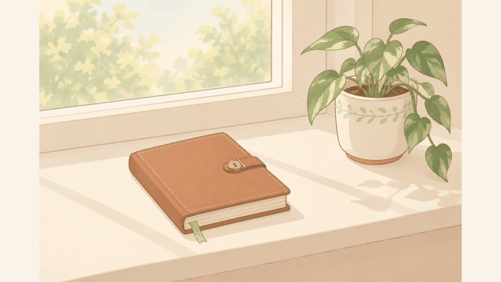 日の差す窓辺に、留め金のついた日記帳と観葉植物が置かれているイラスト