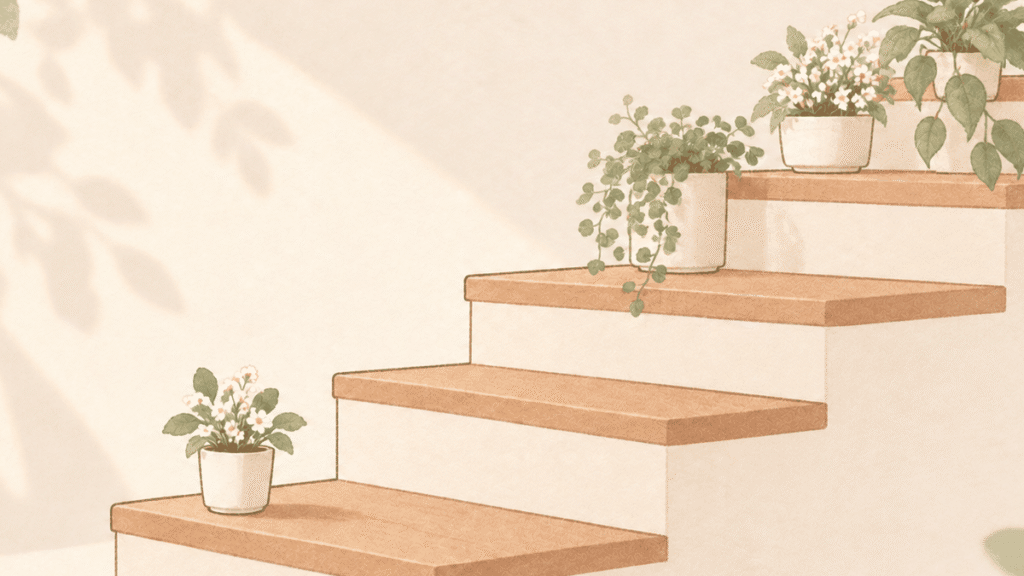 上り階段の上の段に植木鉢がいくつか並び、いちばん下の段にだけ植木鉢がひとつ残っているイラスト