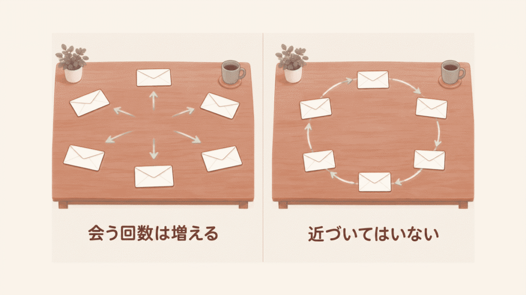 左右を比べた図。左は封筒が外へ広がる矢印と「会う回数は増える」、右は封筒がぐるりと回って元に戻る矢印と「近づいてはいない」