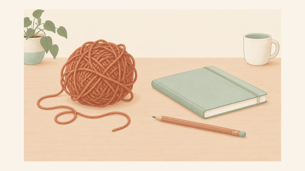 机の上に、絡まった毛糸玉と閉じたノート、鉛筆が置かれているイラスト