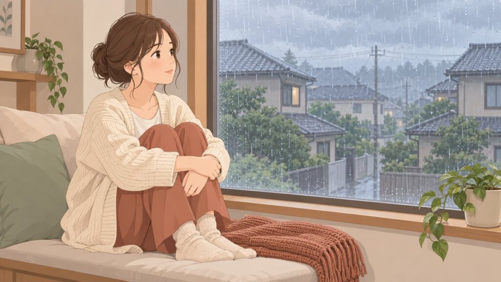 雨の日、窓辺のクッションに座ってひざを抱え、雨の降る住宅街を穏やかに眺める女性のイラスト