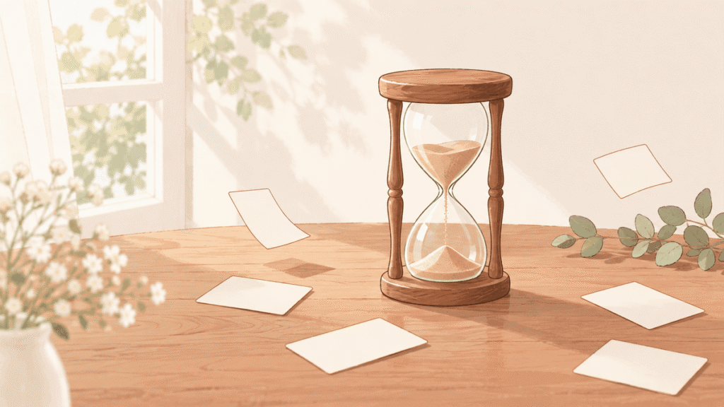 テーブルの上の木の砂時計と、まわりに散らばる何も書かれていないカードのイラスト