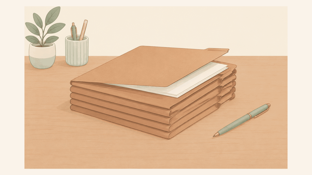 机の上に同じファイルが何冊も積み重なり、いちばん上のファイルが少し開いているイラスト