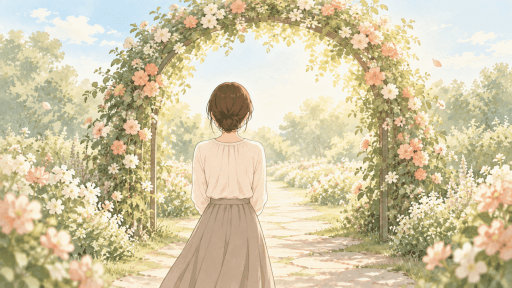 花で飾られたアーチの入口の前に立つ、髪を低くまとめた女性の後ろ姿のイラスト