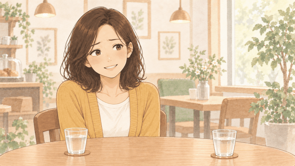 お店のテーブル席で、マスタード色のカーディガンの女性が肩を少しすくめ、ぎこちなく笑顔を作っているイラスト