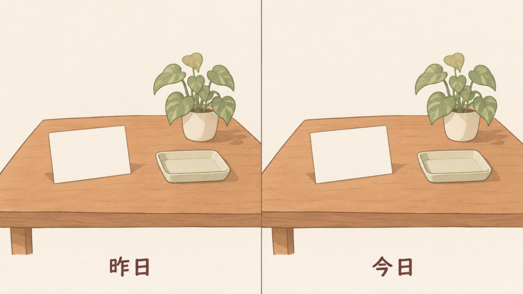 中央の線で左右に分かれ、机の上のカードとトレイと観葉植物がまったく同じに描かれ、左下に「昨日」右下に「今日」と書かれたイラスト