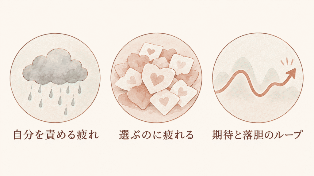 3つの丸いアイコンの図。雨雲に「自分を責める疲れ」、たくさんのハートのカードに「選ぶのに疲れる」、上がって下がる波線の矢印に「期待と落胆のループ」と書かれている