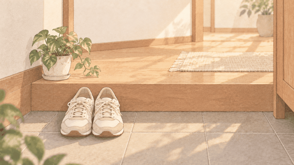 家の玄関の上がり框の前に、女性用のスニーカーが1足そろえて置かれ、横に観葉植物がある夕方のイラスト