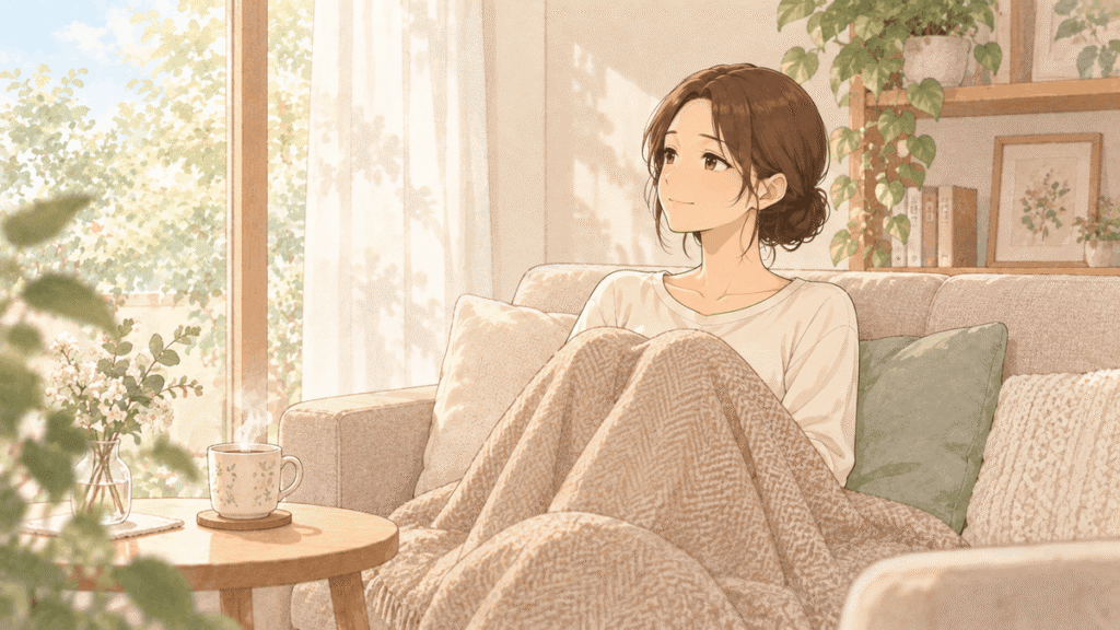 明るい部屋のソファで、髪をまとめた女性がブランケットをひざにかけ、穏やかな表情で窓の外を眺めているイラスト