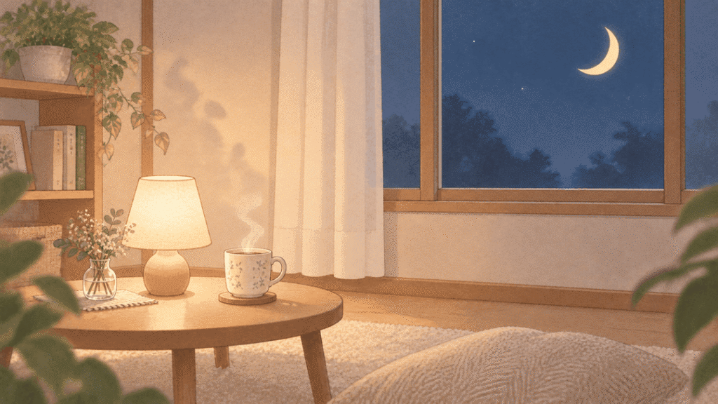 夜の静かな部屋で、テーブルの上に小さなスタンドライトと湯気の立つカップがあり、窓の外に三日月が見えるイラスト