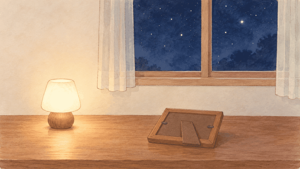 夜の静かな部屋の机に、伏せて置かれた木の写真立てと小さなあかりがあり、窓の外に星空が見えるイラスト