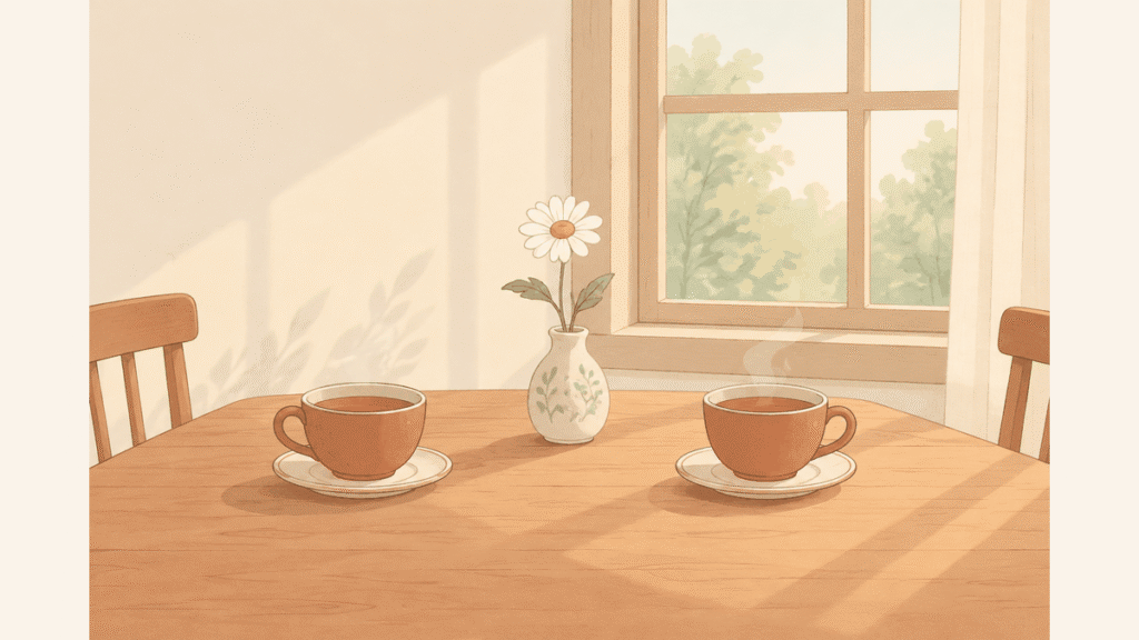 窓辺の木のテーブルに、2つのティーカップと一輪の花をさした花瓶が置かれているイラスト