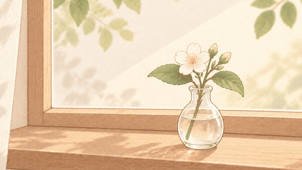 朝の光が差す窓辺に、一輪挿しの花が置かれているイラスト