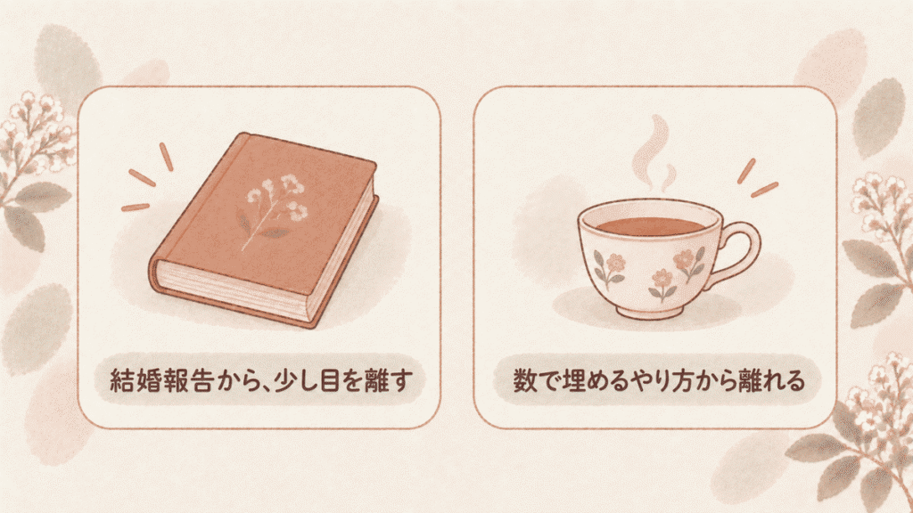 2枚のカードの図。閉じた本の絵に「結婚報告から、少し目を離す」、ティーカップの絵に「数で埋めるやり方から離れる」と書かれている