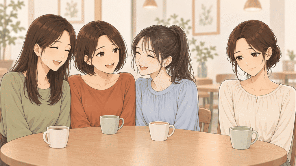 カフェの丸テーブルで3人の女性が楽しそうに話し、同じテーブルにいるもう1人の女性が穏やかに笑いながら少し視線を落としているイラスト