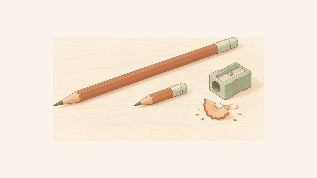 机の上に、短くすり減った鉛筆と新しい長い鉛筆、鉛筆削りが置かれているイラスト