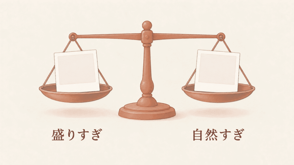 両方の皿に写真が一枚ずつ載って釣り合っている天秤の図。左に「盛りすぎ」、右に「自然すぎ」と書かれている