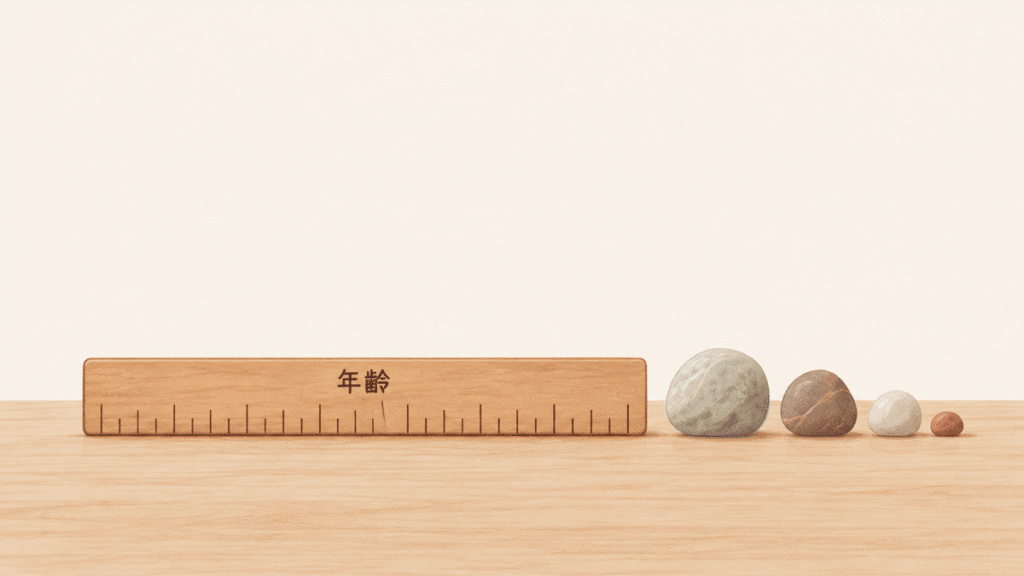 「年齢」と書かれた木のものさしが1本置かれ、そのとなりに大きさの違う石が4つ並んでいる図