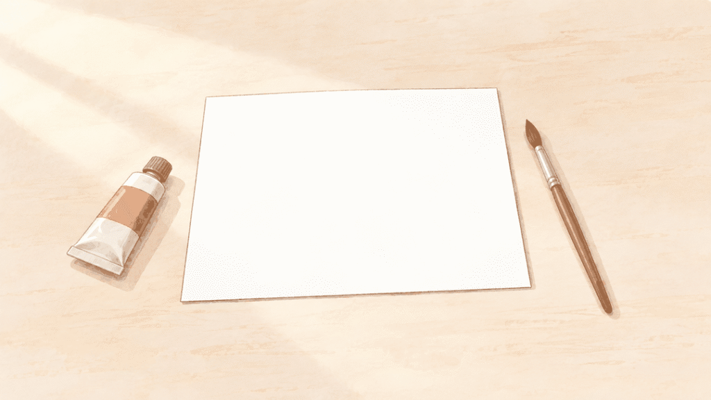 机の上に白い紙と絵の具のチューブ、筆が置かれ、紙にはまだ何も塗られていないイラスト