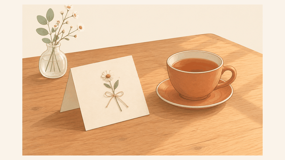 木のテーブルに、小さな押し花を添えた二つ折りのカードと紅茶のカップが置かれているイラスト