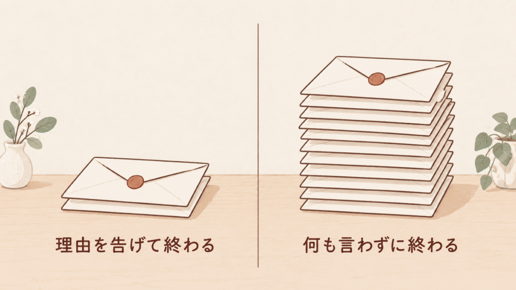 左右を比べた図。左は封筒が1通だけで「理由を告げて終わる」、右は封筒が何通も積み上がって「何も言わずに終わる」と書かれている