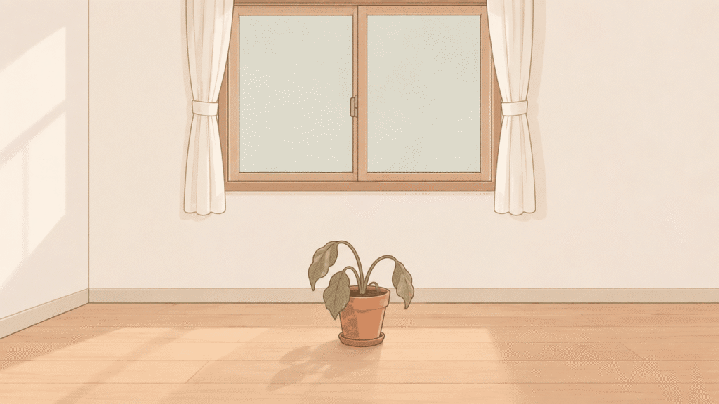 窓の閉まった部屋に小さな鉢植えが1つだけ置かれ、葉に元気がないイラスト