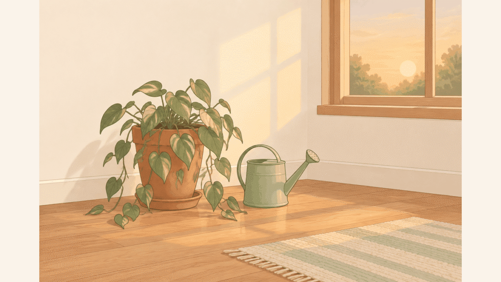 夕方の光が差す部屋の床に、鉢植えとじょうろが置かれているイラスト