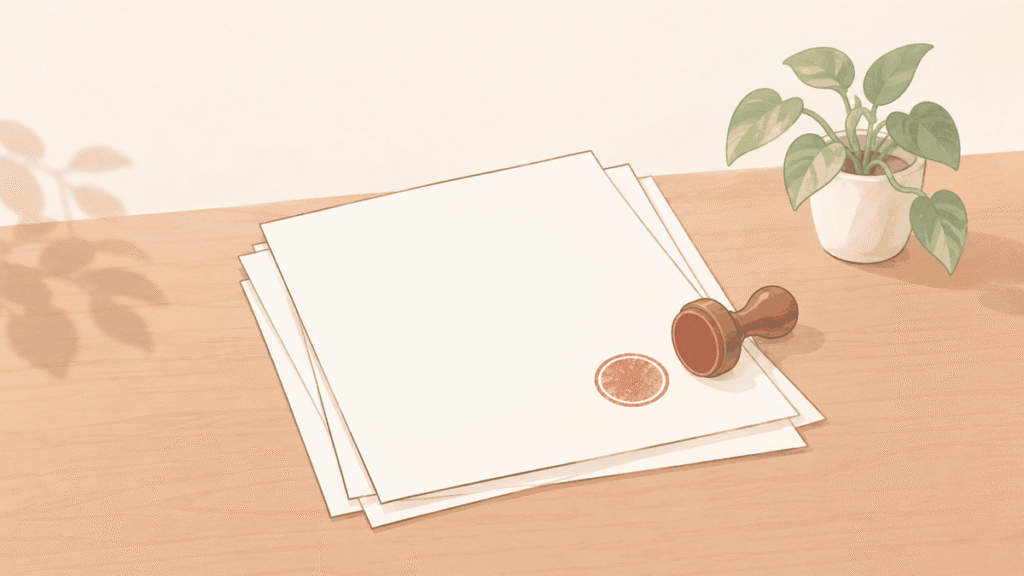重ねられた無地の書類の上に丸い印が押され、そばに小さな観葉植物が置かれているイラスト