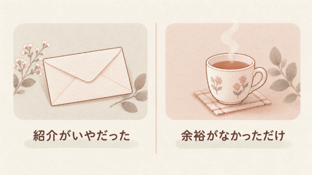 2枚のカードを並べた図。封筒の絵に「紹介がいやだった」、湯気の立つカップの絵に「余裕がなかっただけ」と書かれている