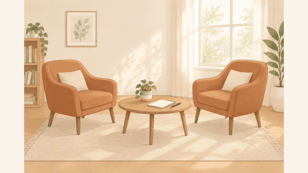 明るい部屋で、低いテーブルをはさんで2脚の椅子が向かい合い、テーブルにメモ帳とペンが置かれているイラスト