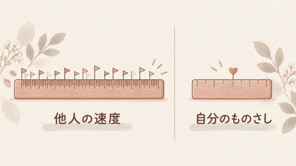 左に小さな旗がたくさん立った長い定規と「他人の速度」、右にハートの印が1つだけの短い定規と「自分のものさし」を並べた図