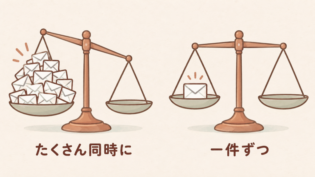 左右を比べた図。左は天びんの皿に封筒が山盛りで傾き「たくさん同時に」、右は封筒が1通だけで釣り合い「一件ずつ」と書かれている