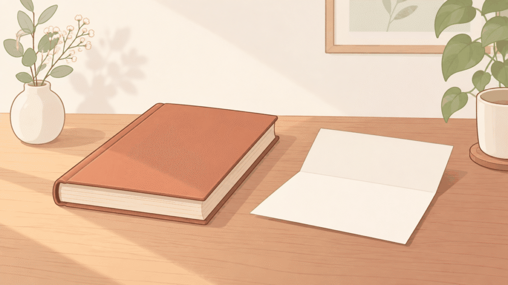 机の上に閉じたままの本と、読まれていない手紙が置かれているイラスト