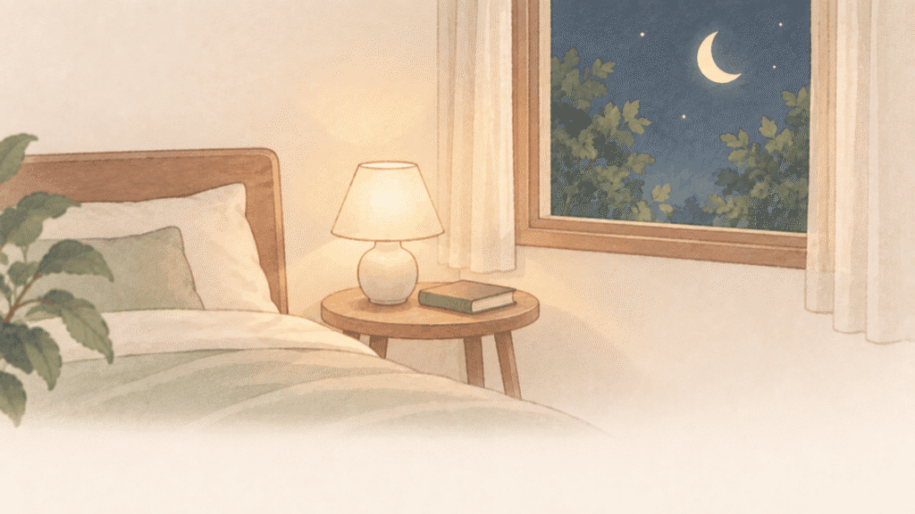 夜の部屋のベッドサイドに、あかりのついたランプと閉じた本があり、窓の外に三日月が見えるイラスト