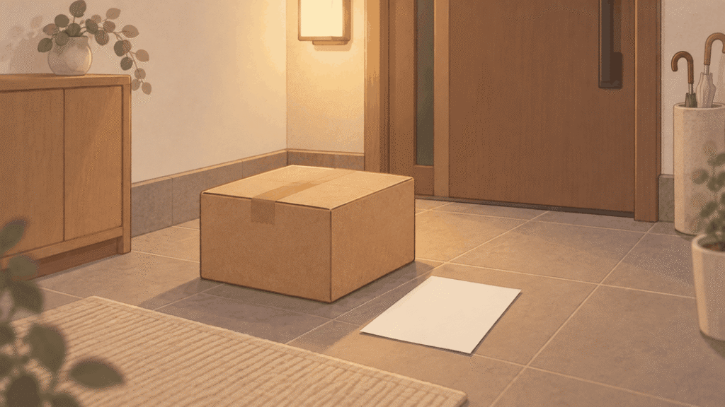 夜の玄関先に小さな段ボールの荷物が置かれ、そばに何も書かれていない紙が1枚落ちているイラスト