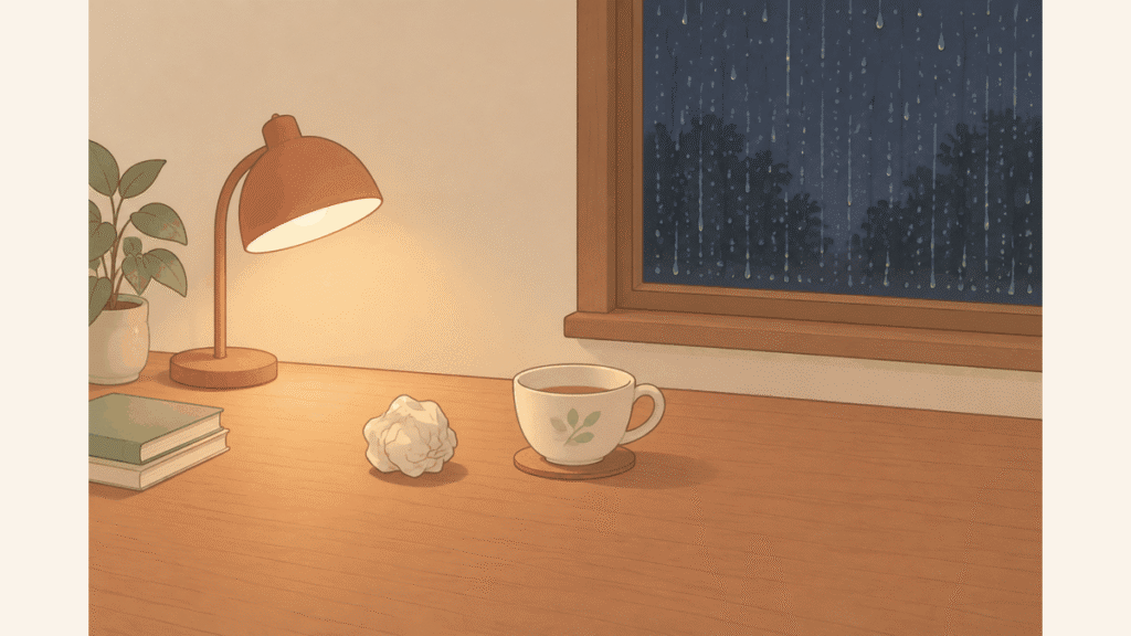 雨の降る夜、スタンドライトのともる机に、丸めた紙とティーカップが置かれているイラスト