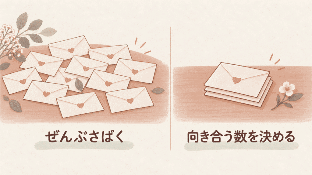 左右を比べた図。左は封筒がばらばらに広がり「ぜんぶさばく」、右は3通だけ重ねて花を添え「向き合う数を決める」と書かれている