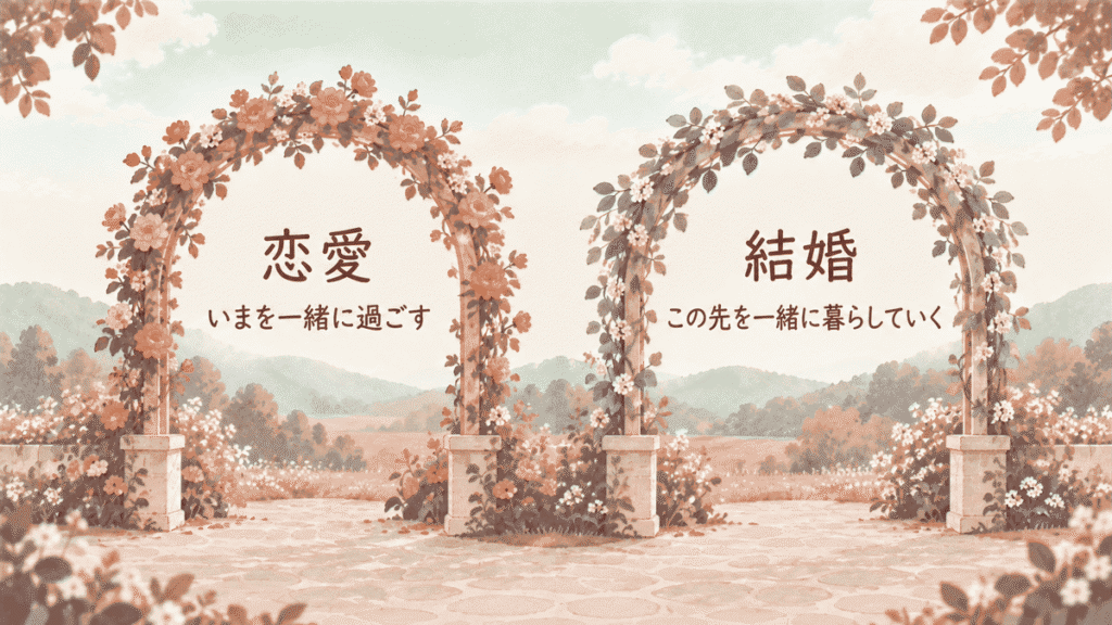 花と葉で飾られた2つのアーチが並ぶイラスト。左に「恋愛 いまを一緒に過ごす」、右に「結婚 この先を一緒に暮らしていく」と書かれている