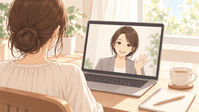 ひなたの後ろ姿ごしに、ノートパソコンのビデオ通話で正面を向いて手を振る女性の相談員が映っているイラスト。机にノートとティーカップ
