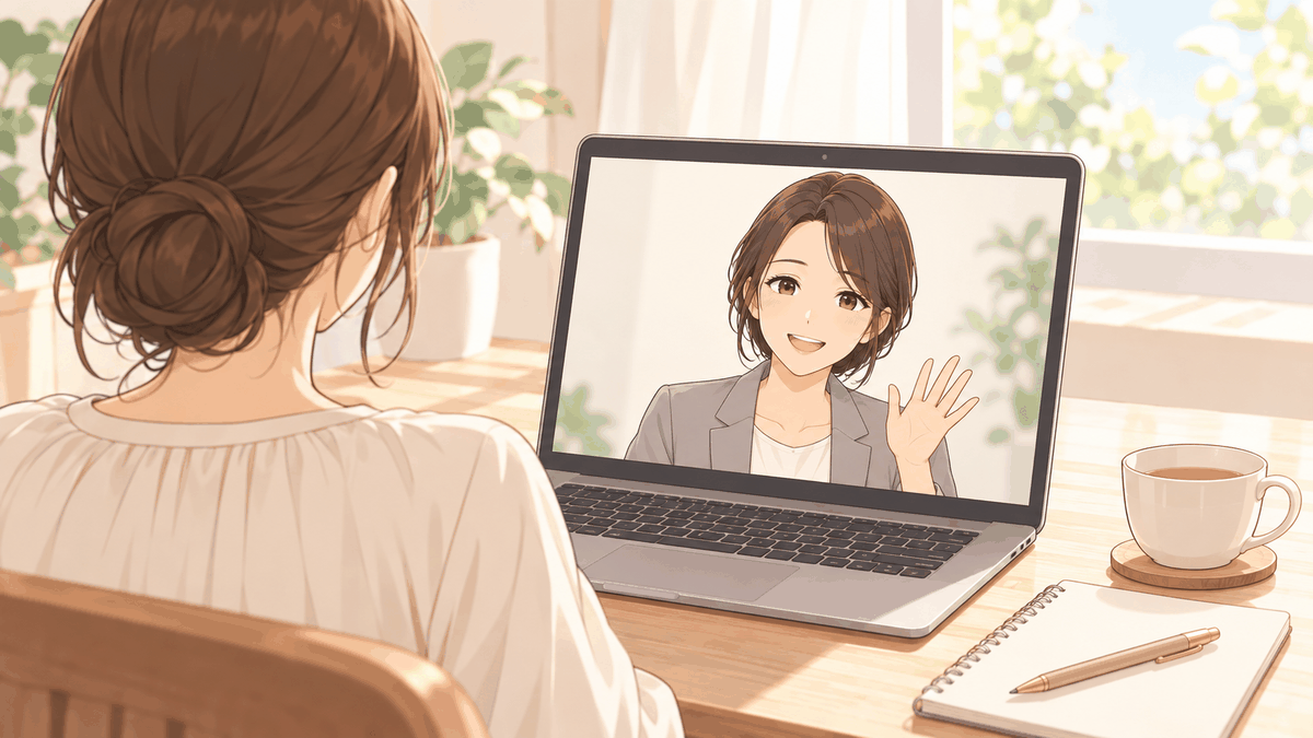 ひなたの後ろ姿ごしに、ノートパソコンのビデオ通話で正面を向いて手を振る女性の相談員が映っているイラスト。机にノートとティーカップ