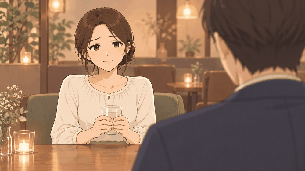 カフェバーの席で、手前の男性の後ろ姿ごしに、グラスを両手で持って困ったように小さく笑うひなたのイラスト
