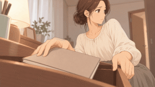 机の上の日記帳をそっと閉じて引き出しにしまおうとする手元と、人目を気にして視線をそらすひなたの横顔のイラスト